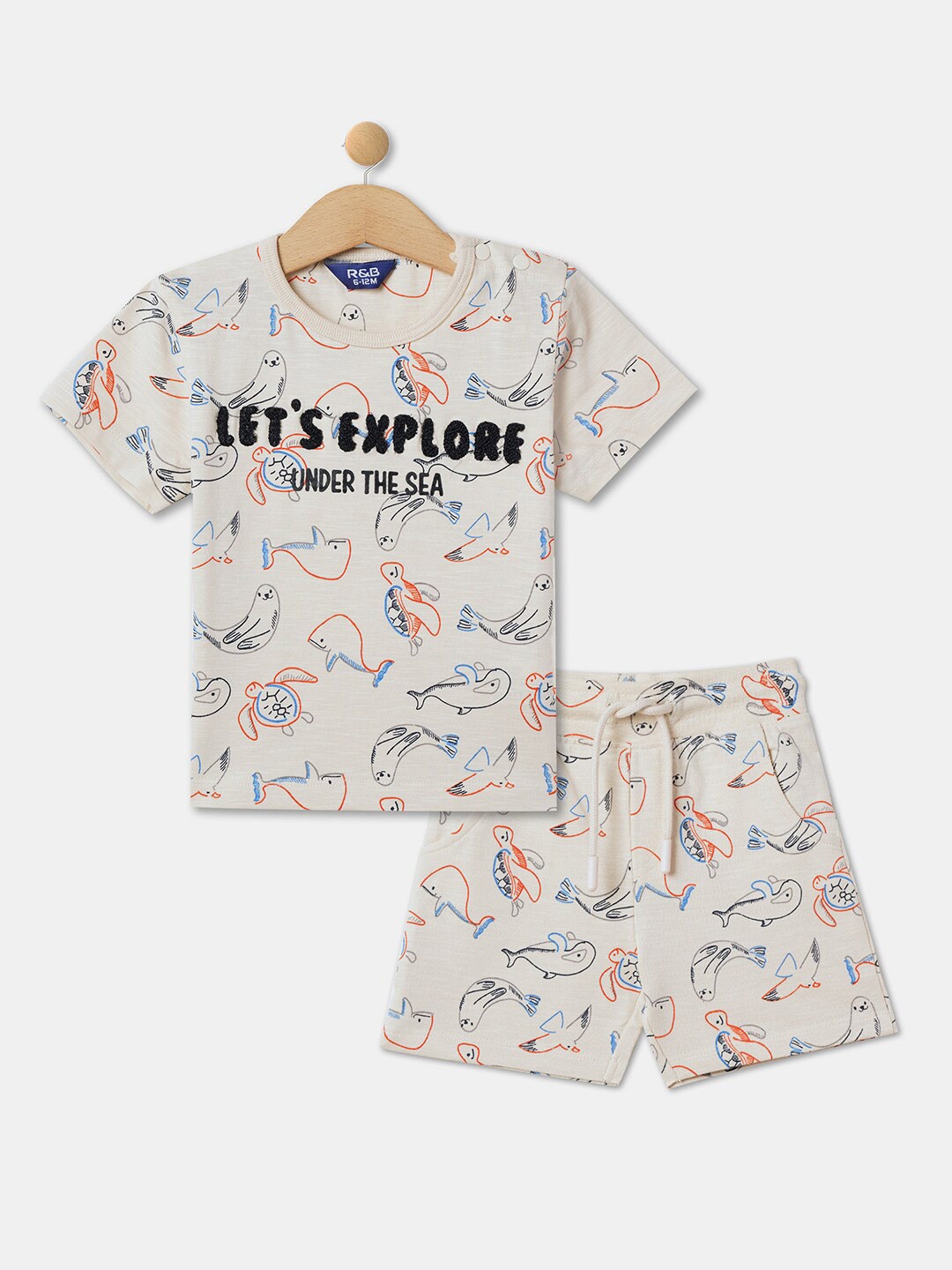 

R&B Infant Boys Typography Printed Cotton T-shirt With Shorts, Beige