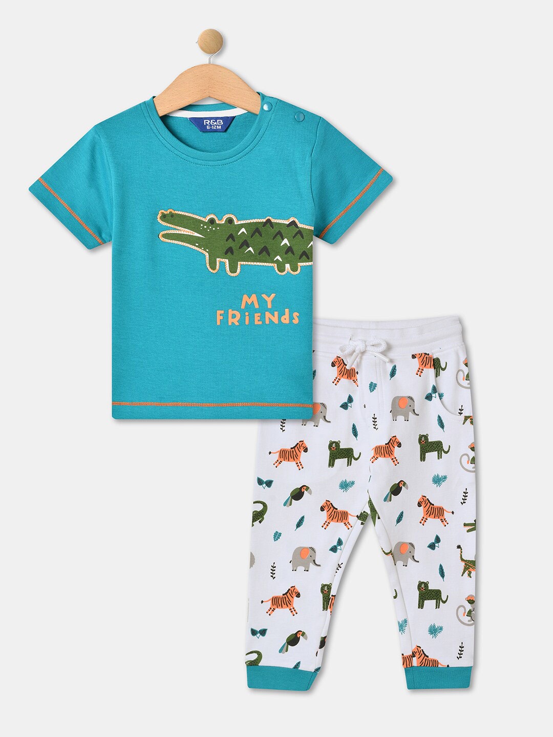 

R&B Infant Boys Typography Printed Cotton T-shirt With Trousers, Green