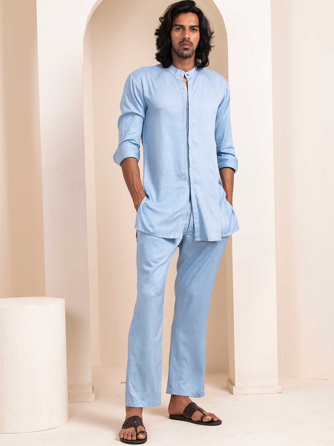 

ARTLESS Mandarin Collar Regular Kurta with Trousers, Blue