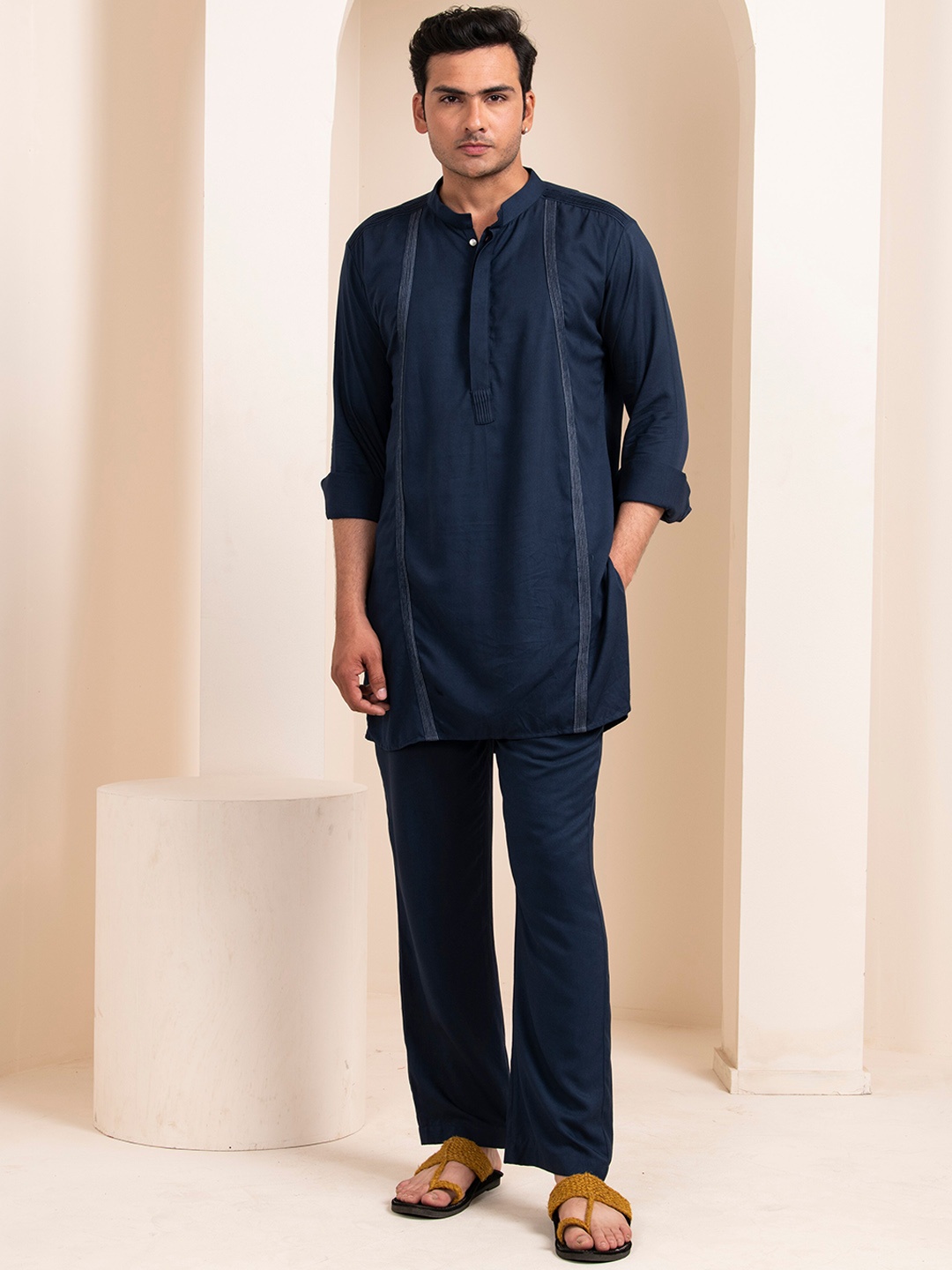 

ARTLESS Mandarin Collar Organic Cotton Kurta With Trousers, Navy blue