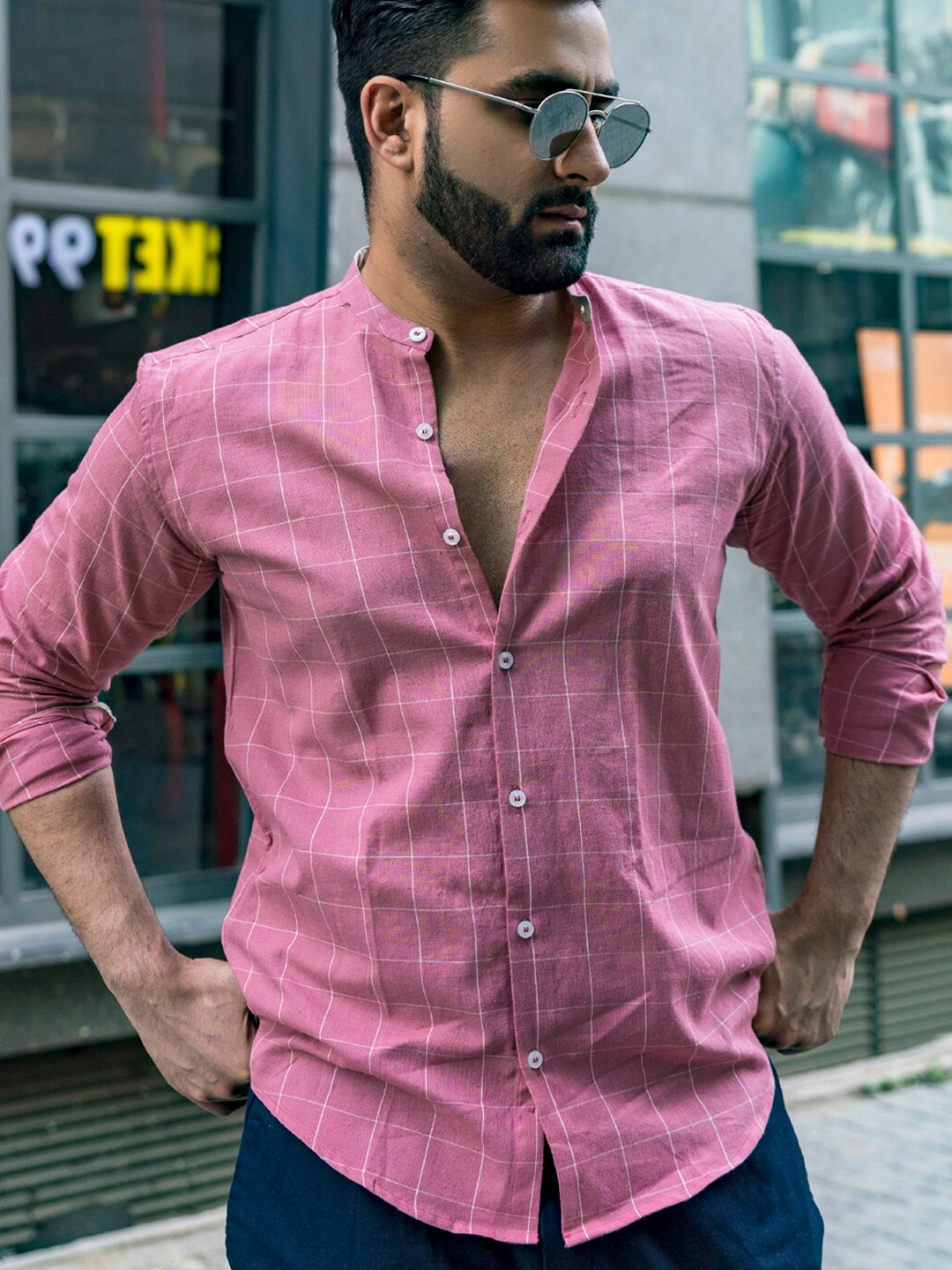

INPE Comfort Slim Fit Windowpane Checked Mandarin Collar Cotton Casual Shirt, Pink