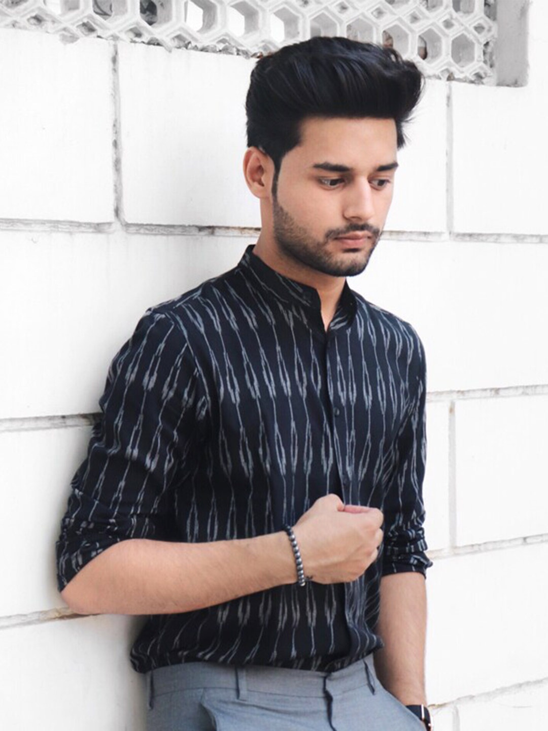 

INPE Comfort Slim Fit Abstract Printed Mandarin Collar Cotton Casual Shirt, Black