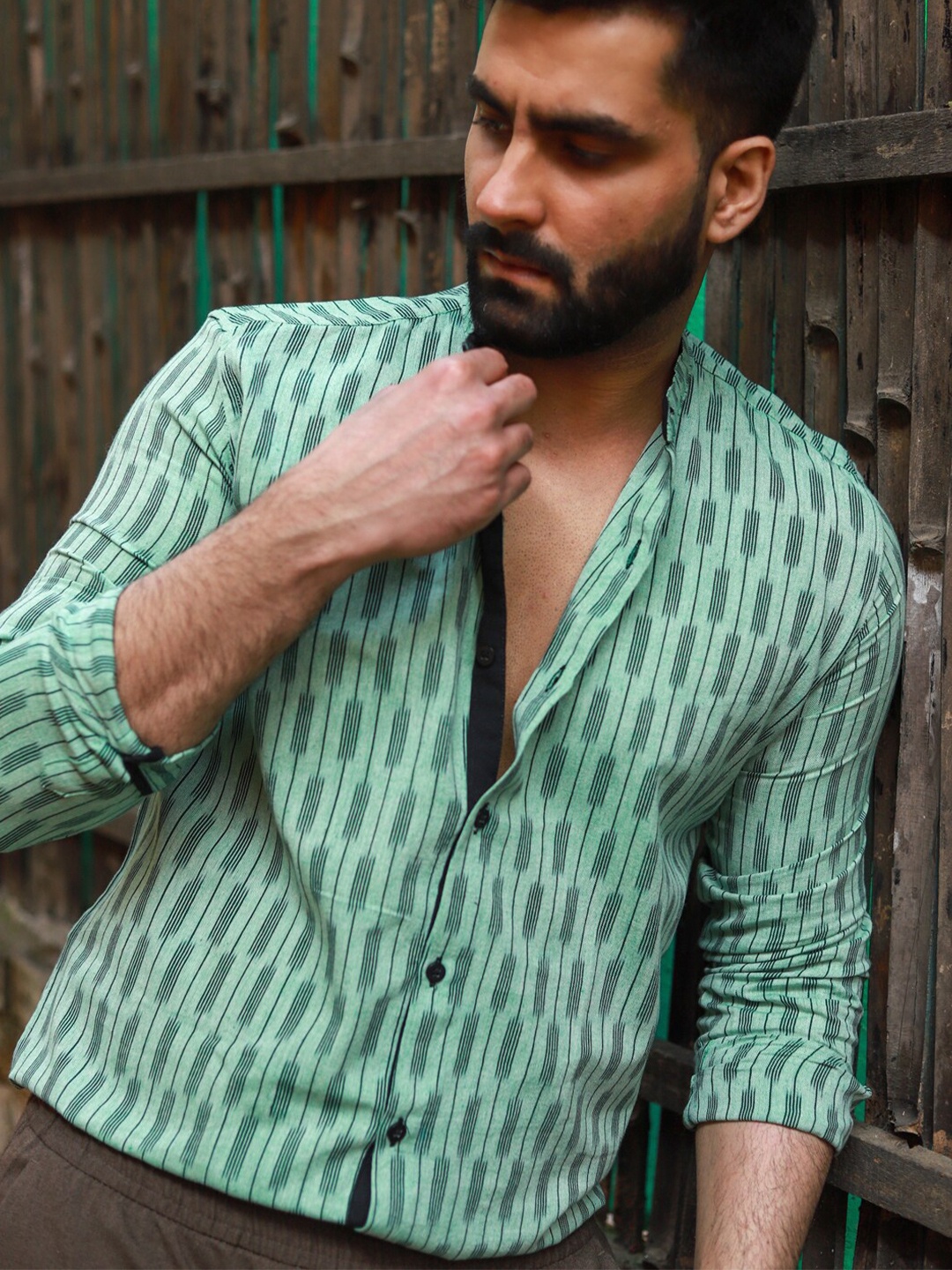 

INPE Comfort Slim Fit Abstract Printed Mandarin Collar Cotton Casual Shirt, Green