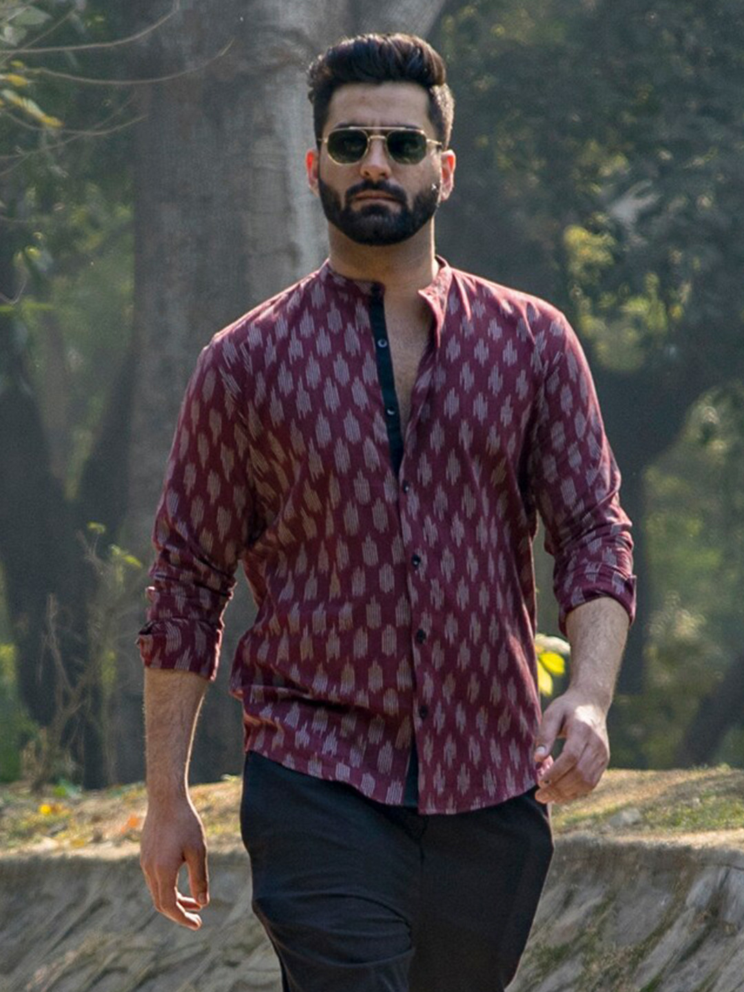 

INPE Comfort Slim Fit Abstract Printed Mandarin Collar Cotton Casual Shirt, Maroon