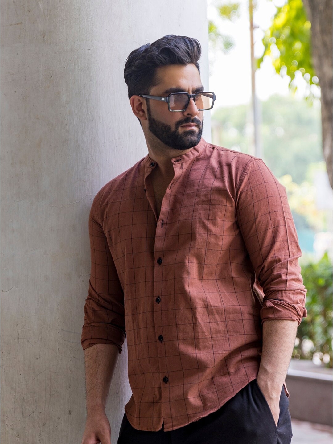 

INPE Comfort Slim Fit Windowpane Checked Mandarin Collar Cotton Casual Shirt, Brown