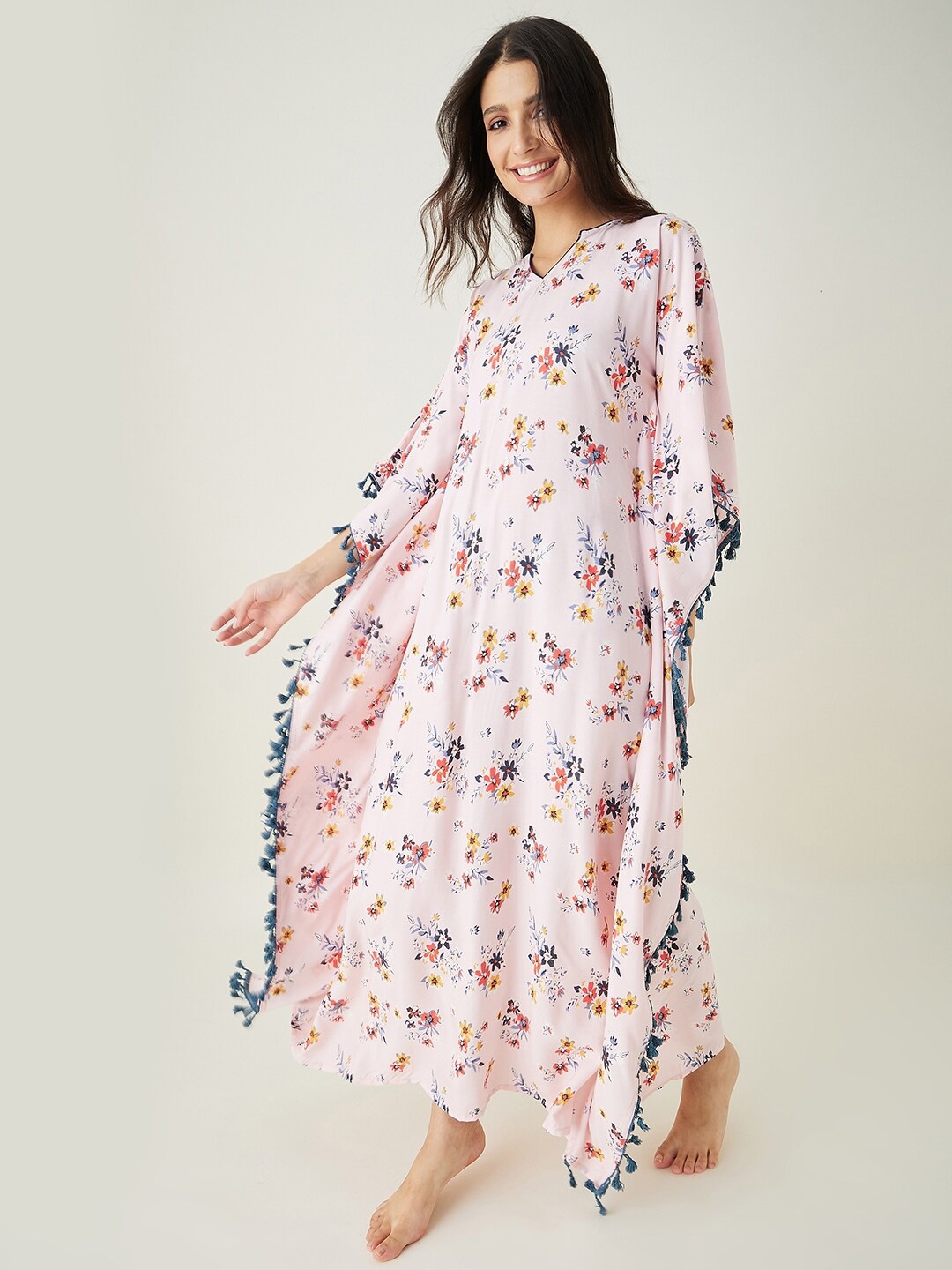 

The Kaftan Company Pink Floral Printed Maxi Kaftan Nightdress, Beige