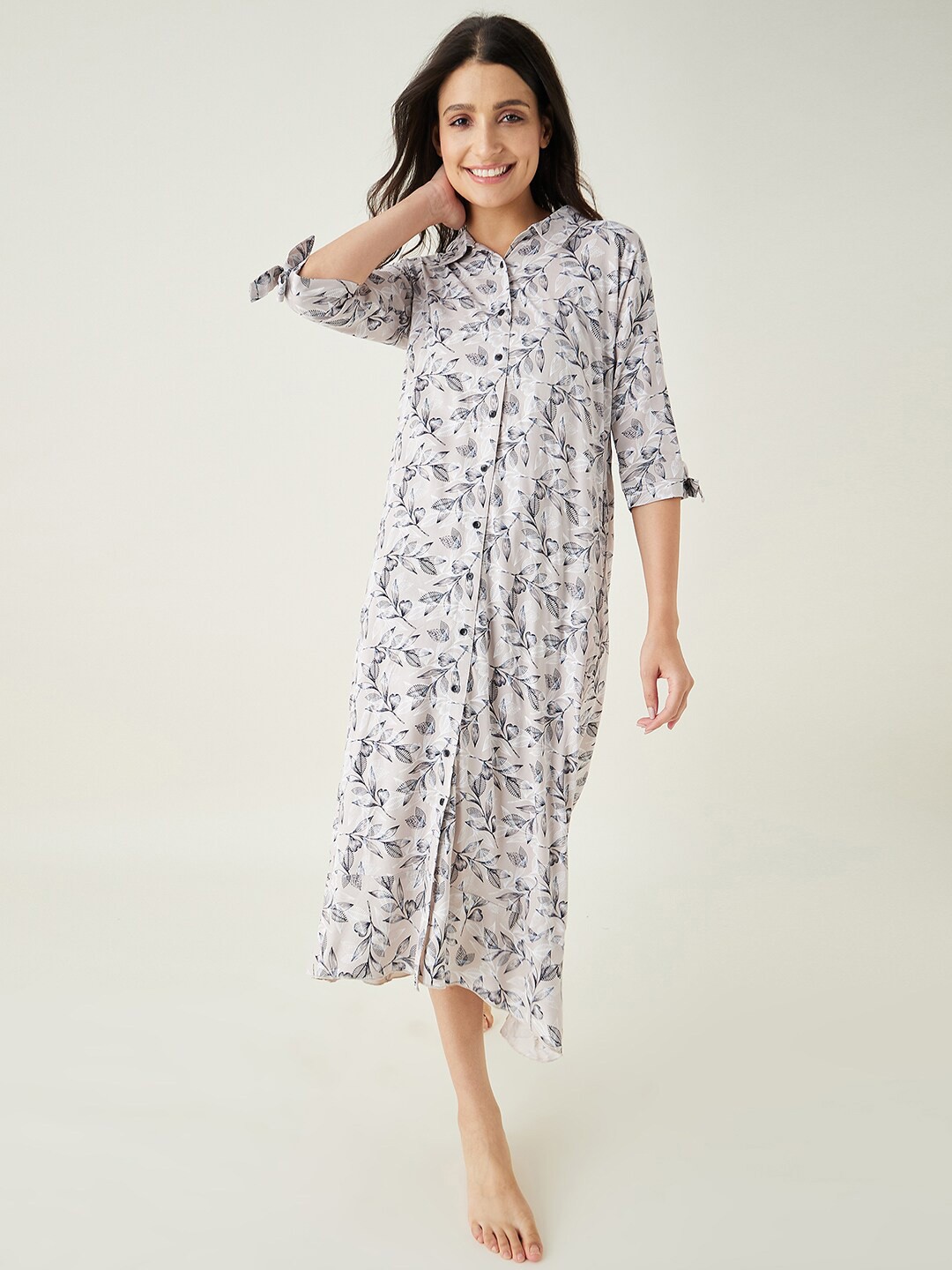 

The Kaftan Company Beige Printed Shirt Dress Nightdress