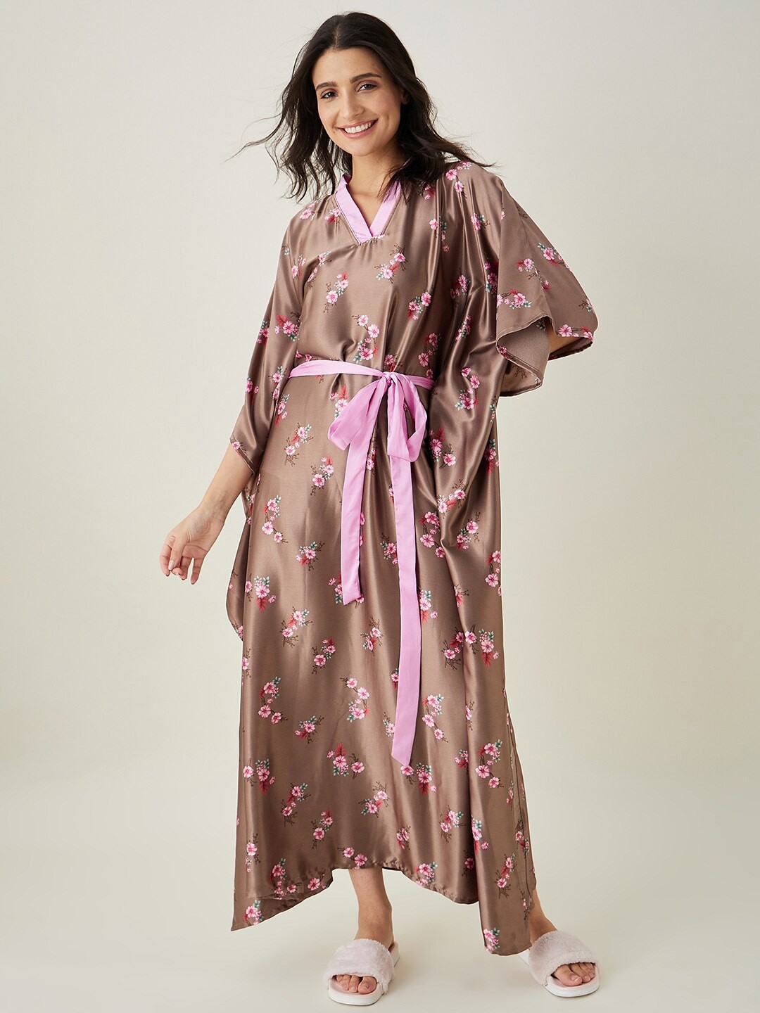 

The Kaftan Company Brown Floral Printed Satin Maxi Kaftan Nightdress
