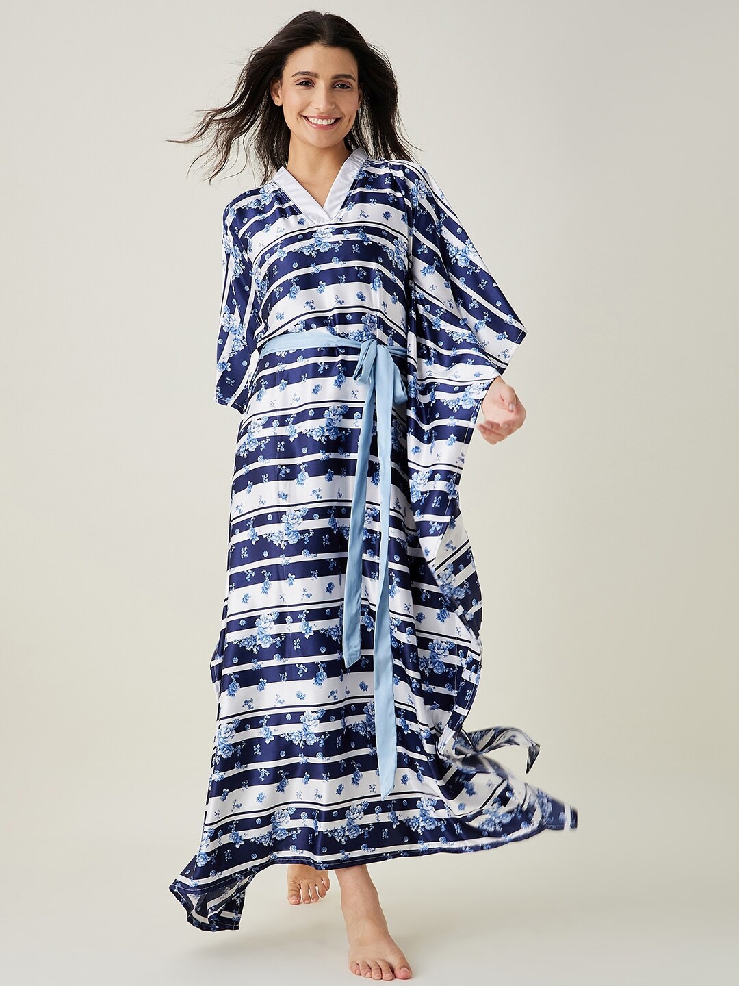 

The Kaftan Company Blue Floral Printed Satin Maxi Kaftan Nightdress