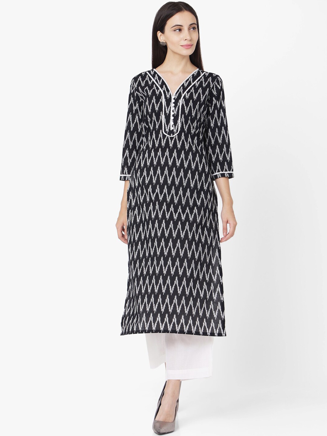 

KALINI Geometric Printed Pure Cotton Kurta With Palazzos, Black