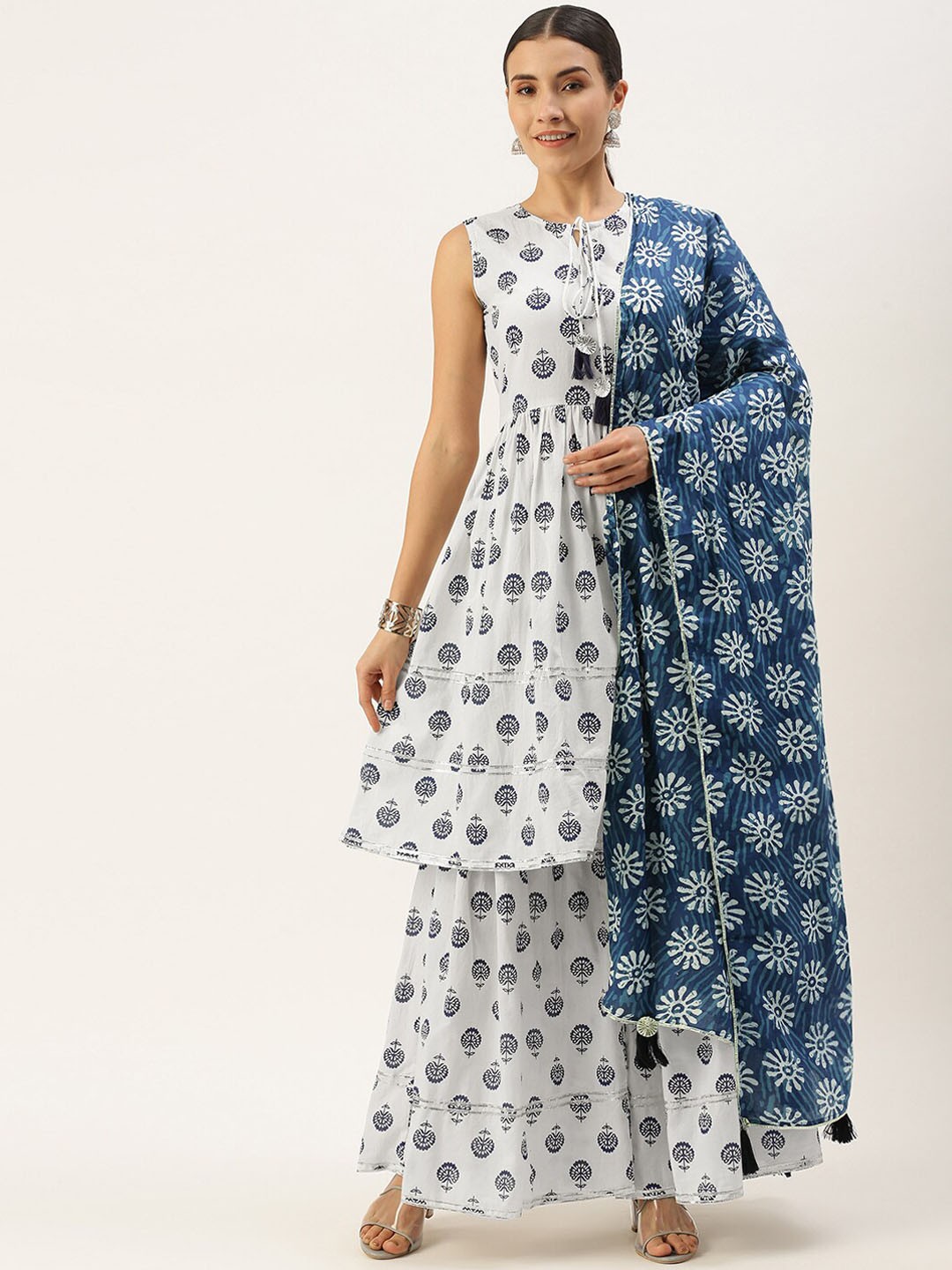 

Saanjh Off White Ethnic Motifs Printed Pure Cotton Kurta With Palazzos & Dupatta