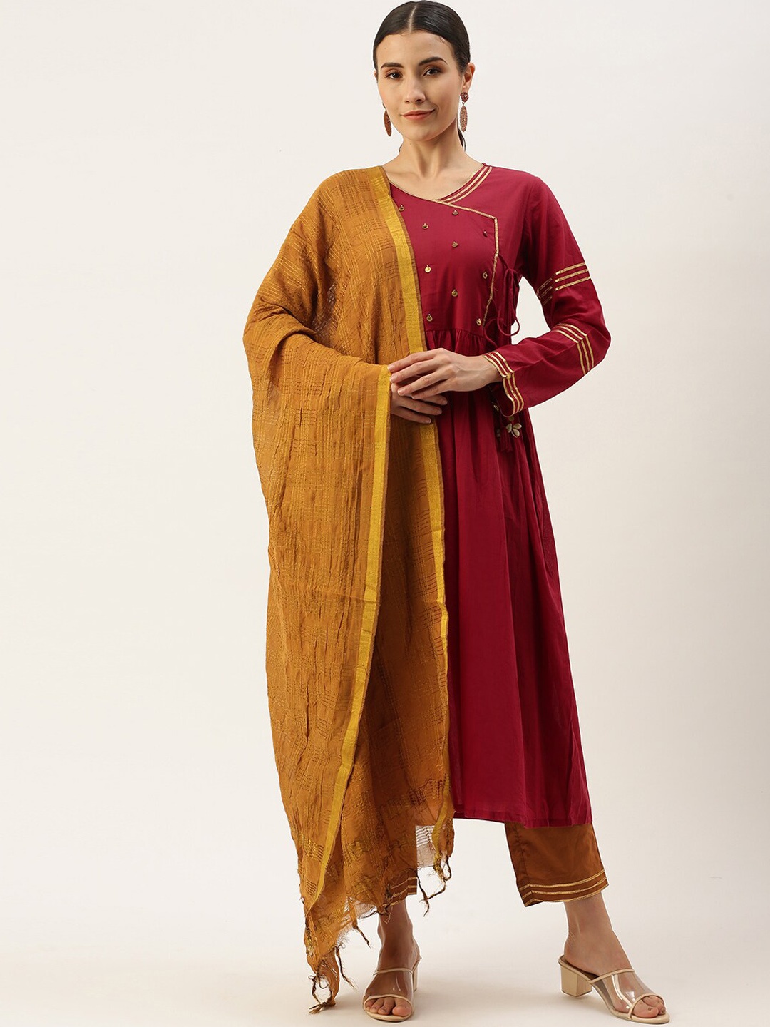 

Saanjh Red Ethnic Motifs Yoke Design Angrakha Pure Cotton Kurta With Trousers & Dupatta