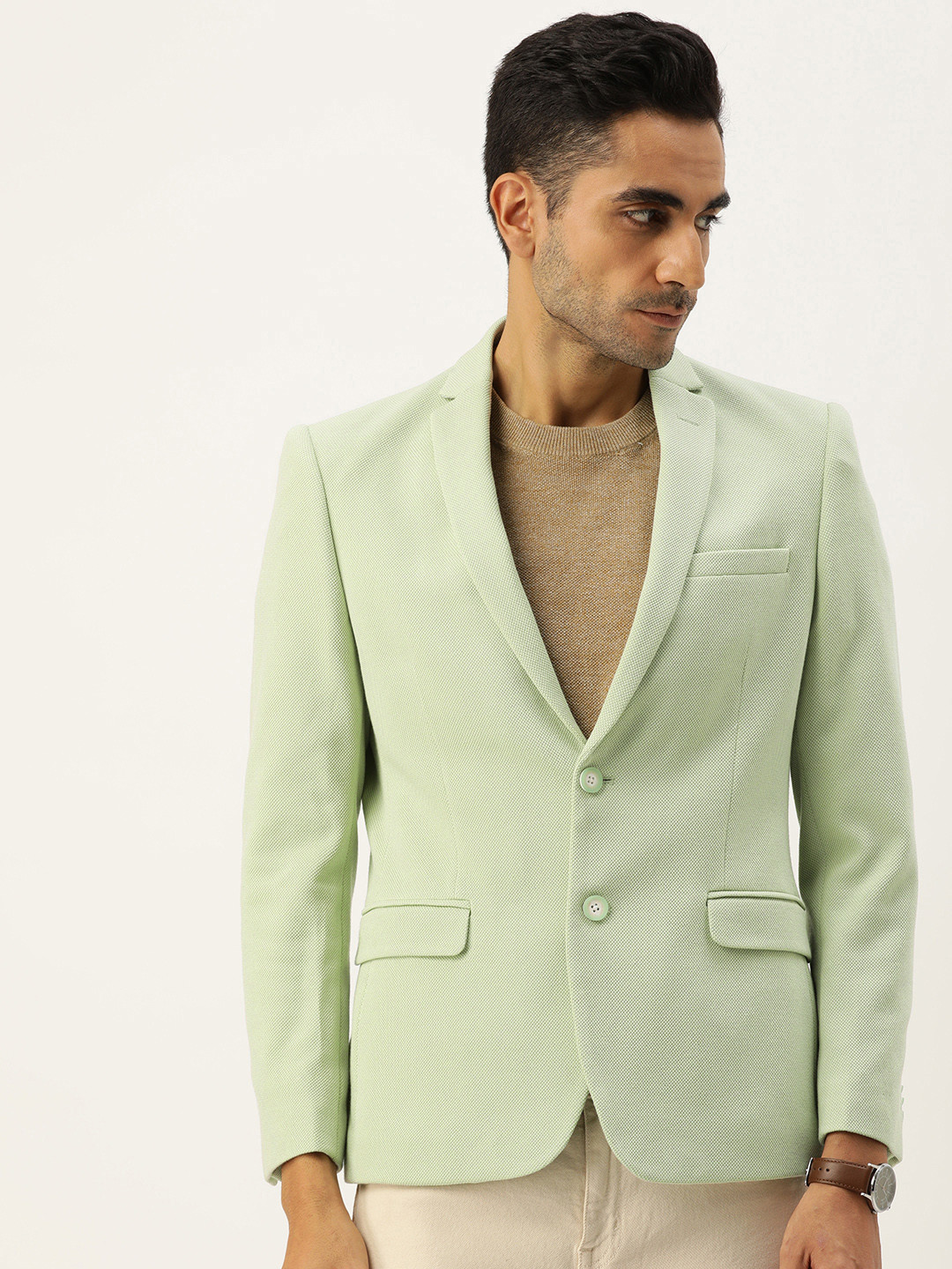 

Peter England Men Self Design Neo Slim Fit Single-Breasted Smart Casual Blazer, Green