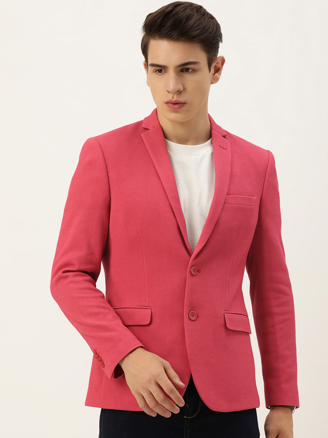 

Peter England Men Self Design Neo Slim Fit Single-Breasted Smart Casual Blazer, Red