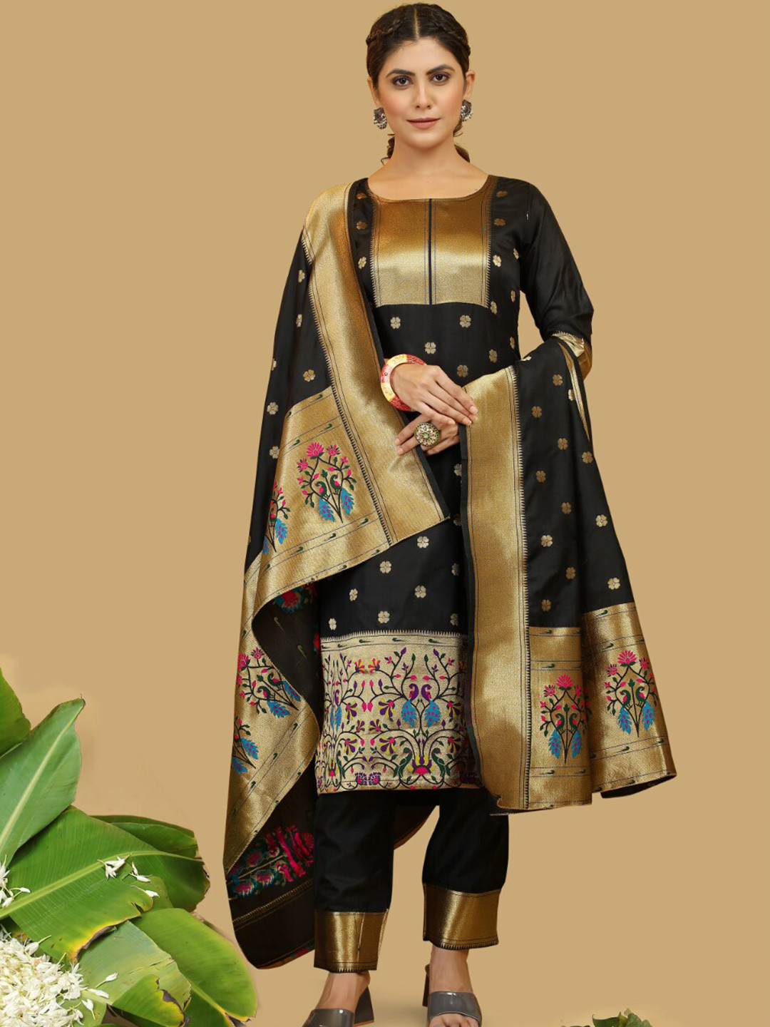 

Angroop Woven Design Unstitched Dress Material, Black