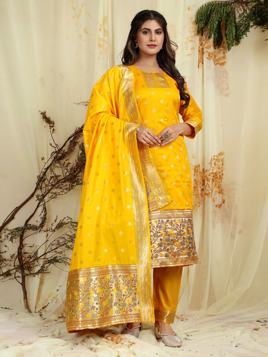 

Angroop Woven Design Unstitched Dress Material, Yellow