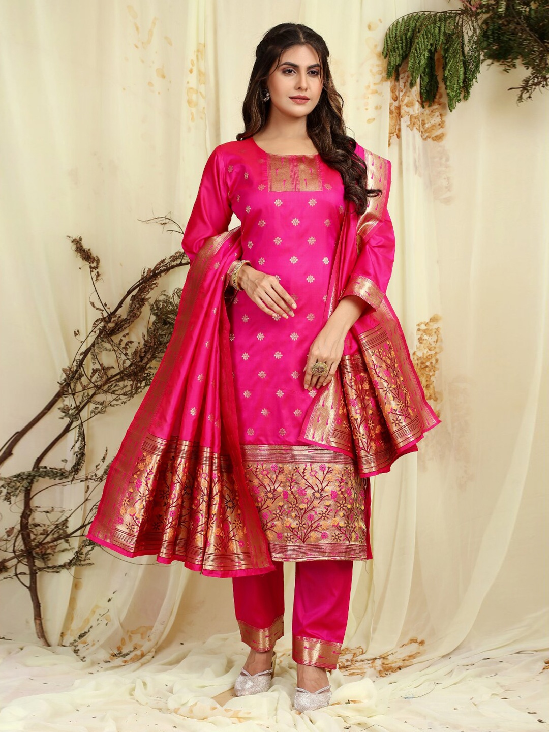 

Angroop Woven Design Unstitched Dress Material, Pink