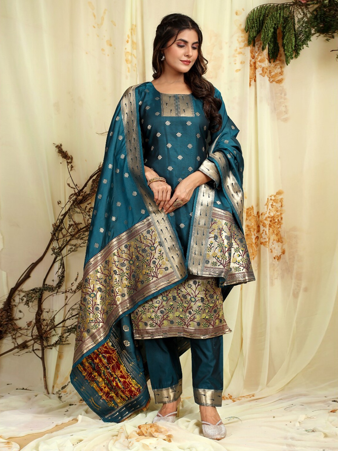 

Angroop Woven Design Unstitched Dress Material, Green