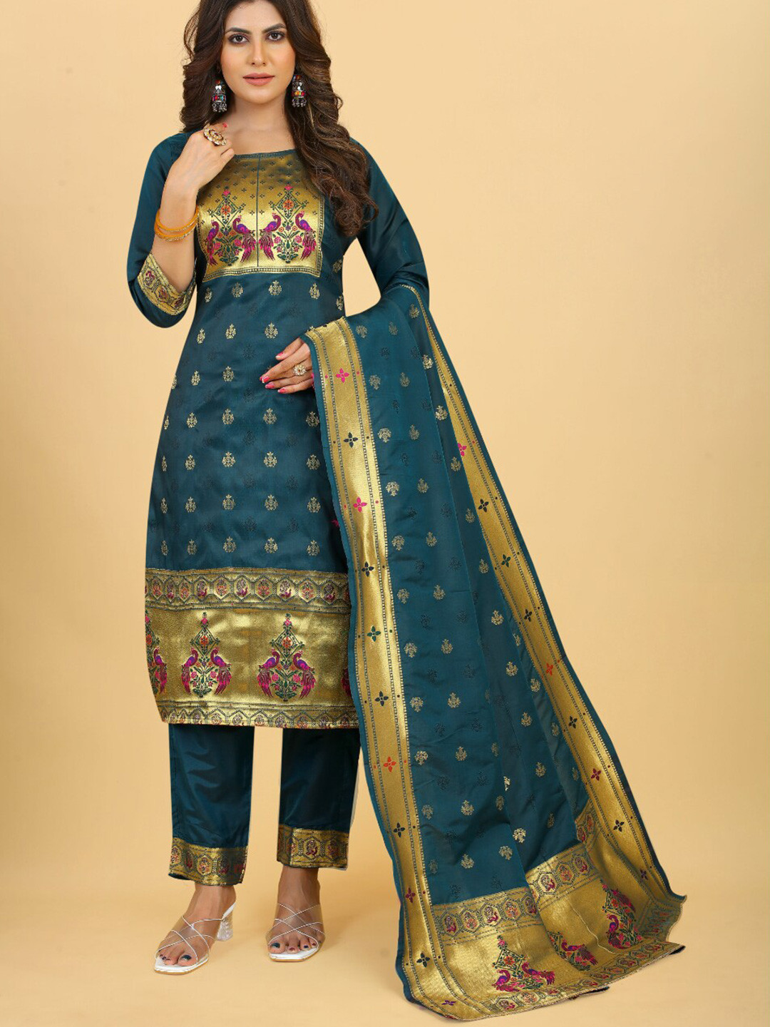 

Angroop Woven Design Unstitched Dress Material, Teal