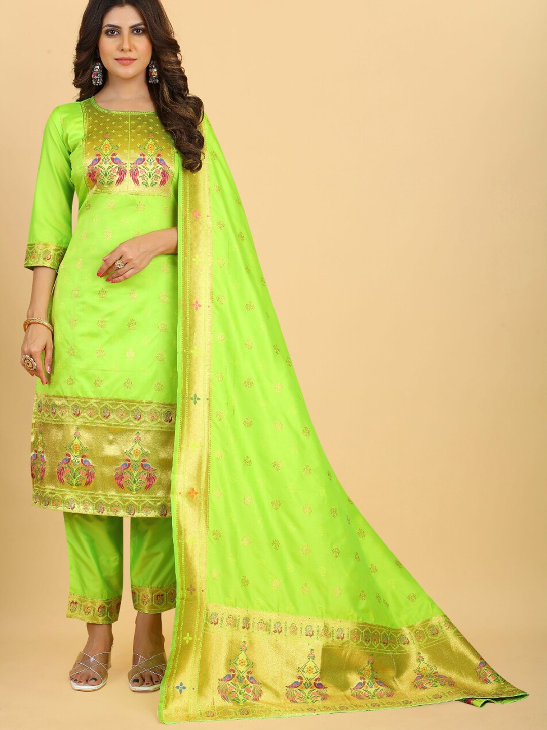 

Angroop Woven Design Paithani Silk Unstitched Dress Material, Lime green