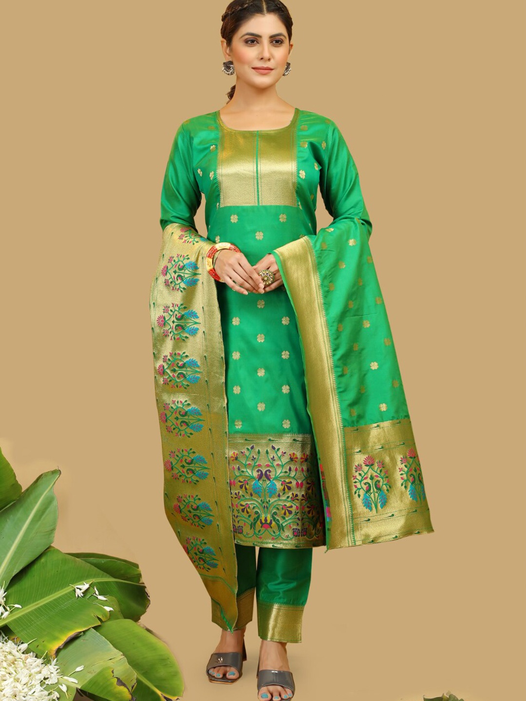 

Angroop Woven Design Unstitched Dress Material, Green