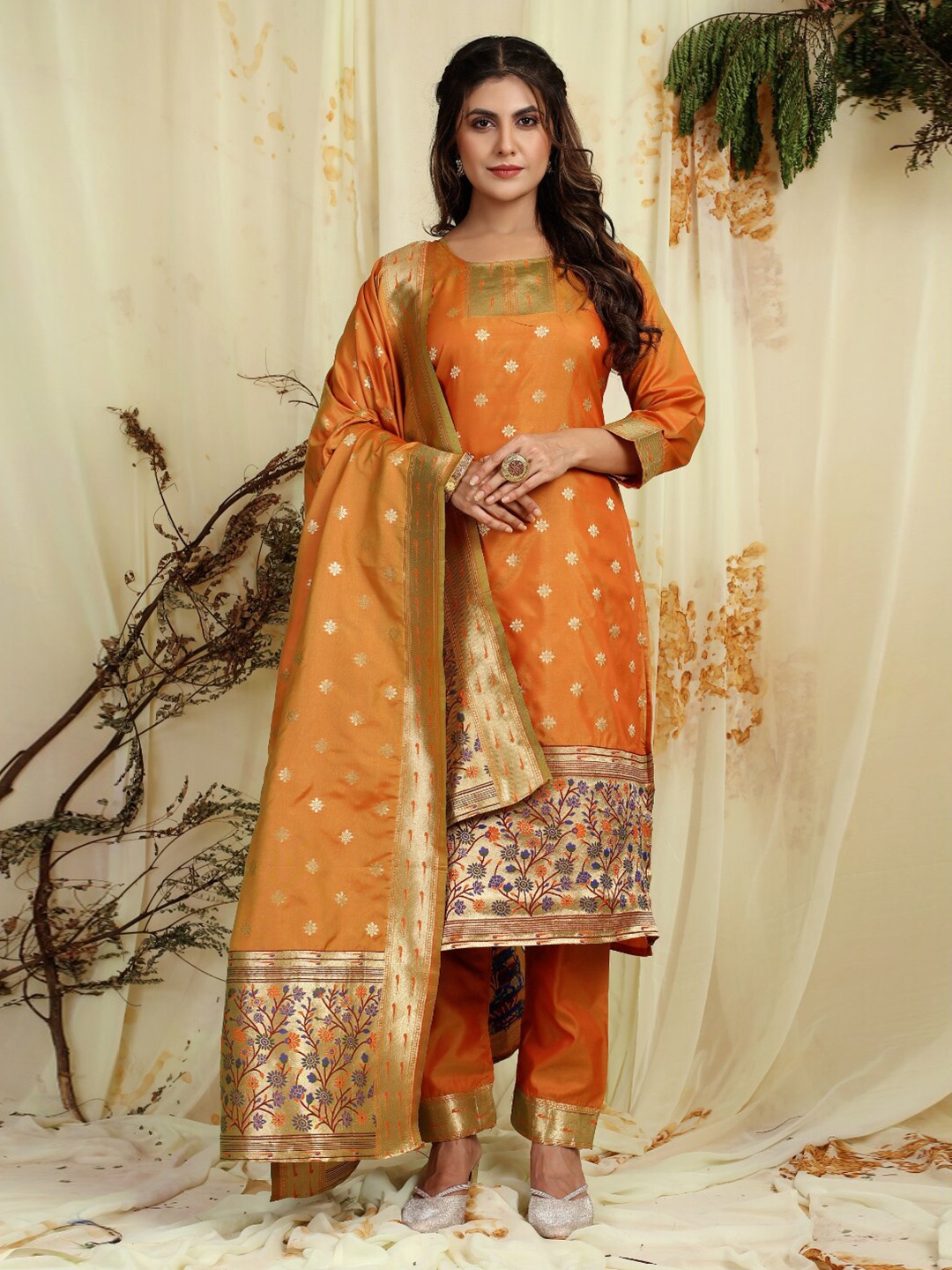 

Angroop Ethnic Motifs Woven Design Pure Silk Unstitched Dress Material, Orange