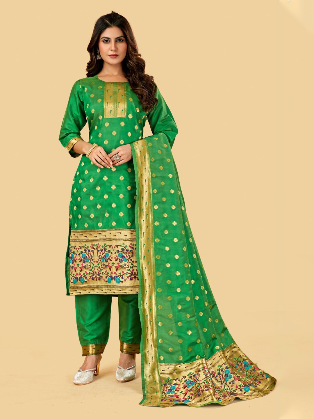 

Angroop Ethnic Motifs Woven Design Pure Silk Unstitched Dress Material, Green