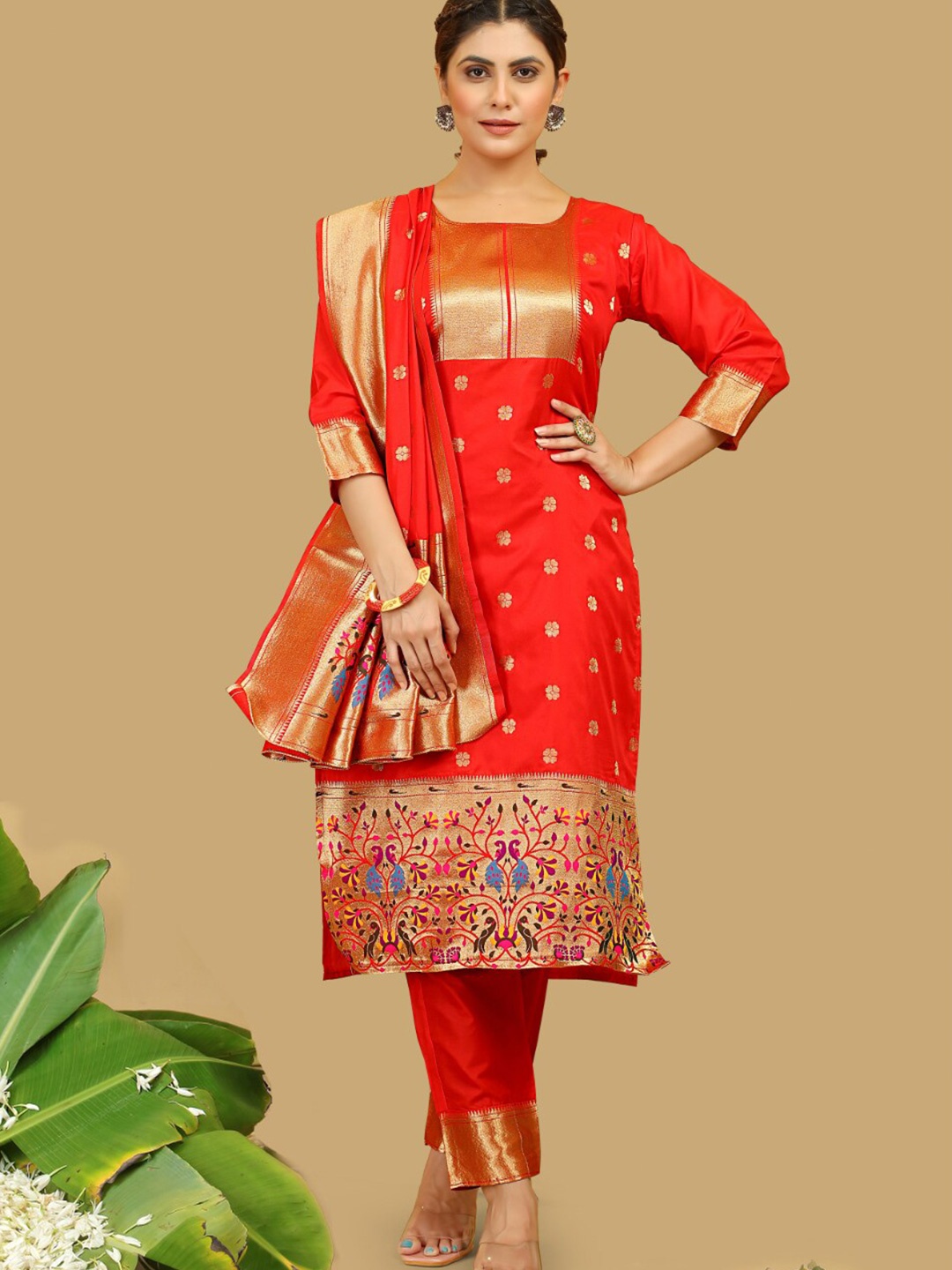 

Angroop Ethnic Motifs Woven Design Pure Silk Unstitched Dress Material, Red
