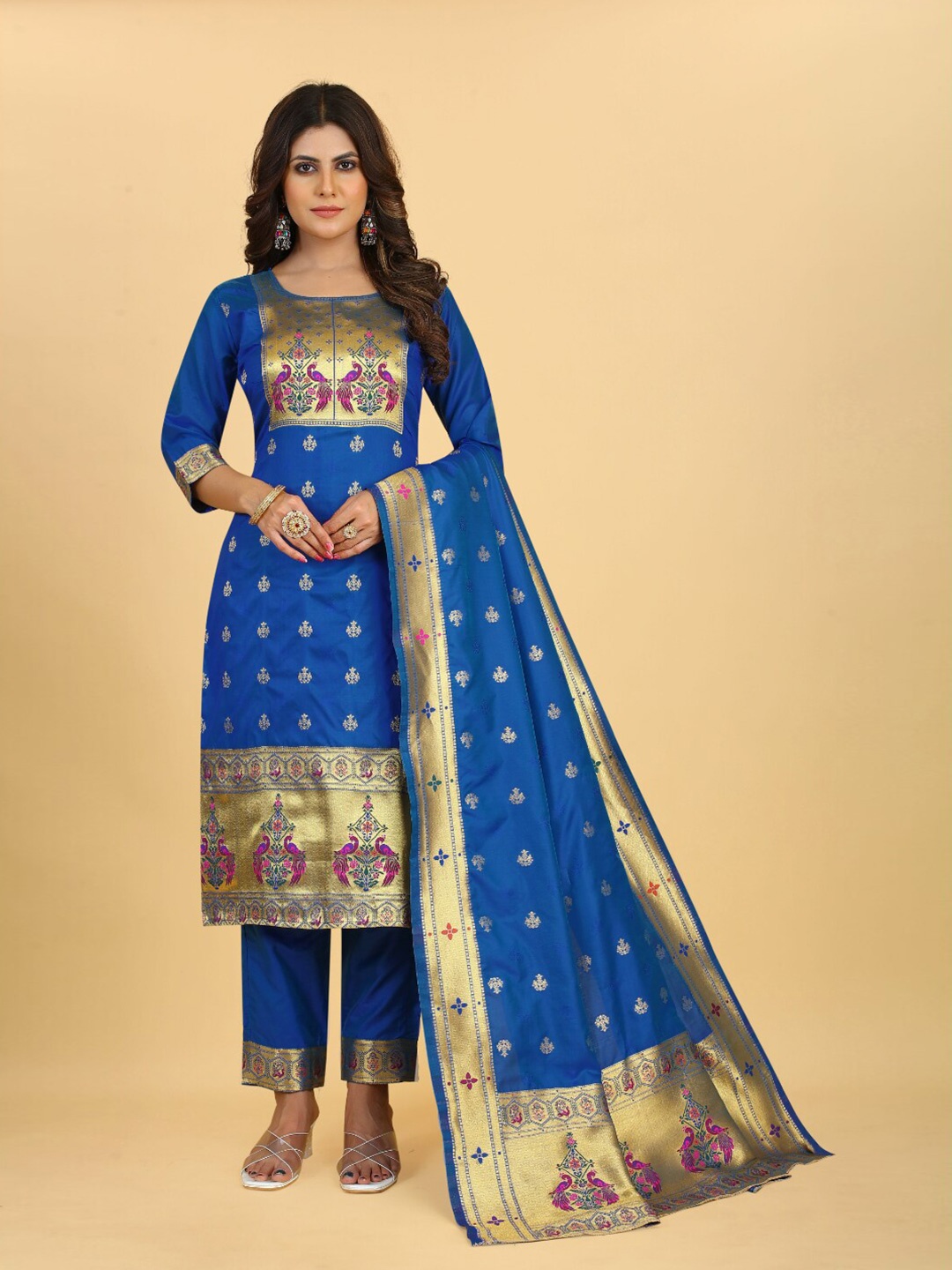 

Angroop Ethnic Motifs Woven Design Pure Silk Unstitched Dress Material, Blue