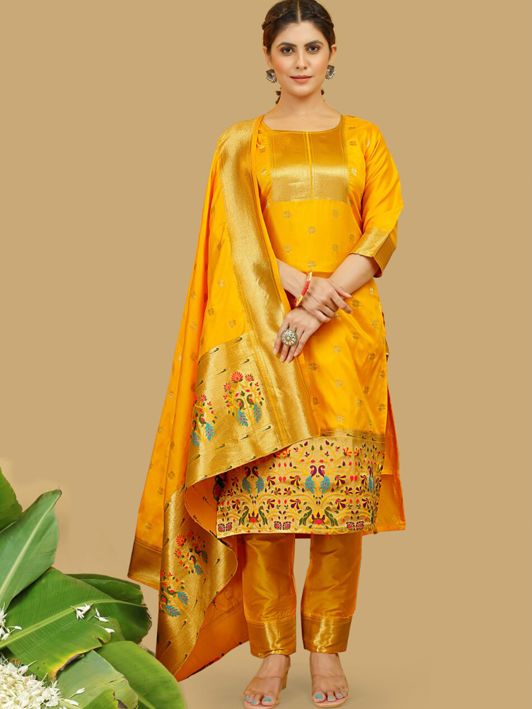 

Angroop Ethnic Motifs Woven Design Pure Silk Unstitched Dress Material, Yellow