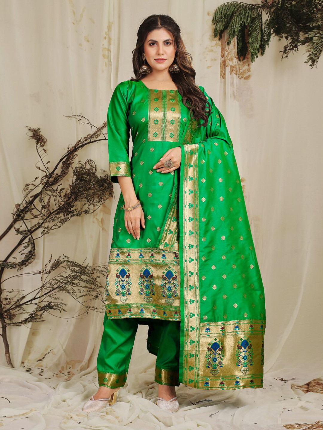 

Angroop Woven Design Pure Silk Unstitched Dress Material, Green