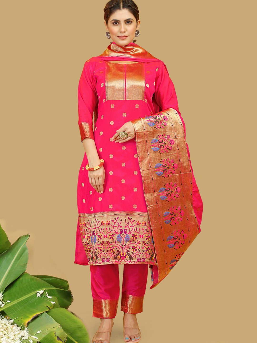 

Angroop Woven Design Pure Silk Unstitched Dress Material, Pink