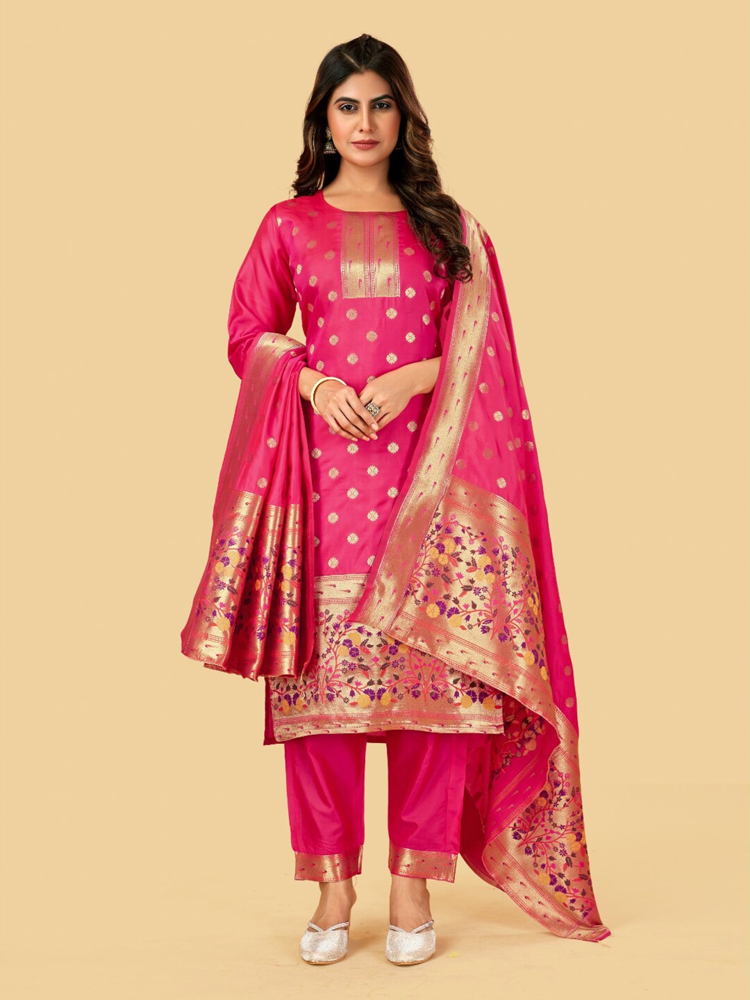 

Angroop Floral Woven Design Pure Silk Unstitched Dress Material, Pink