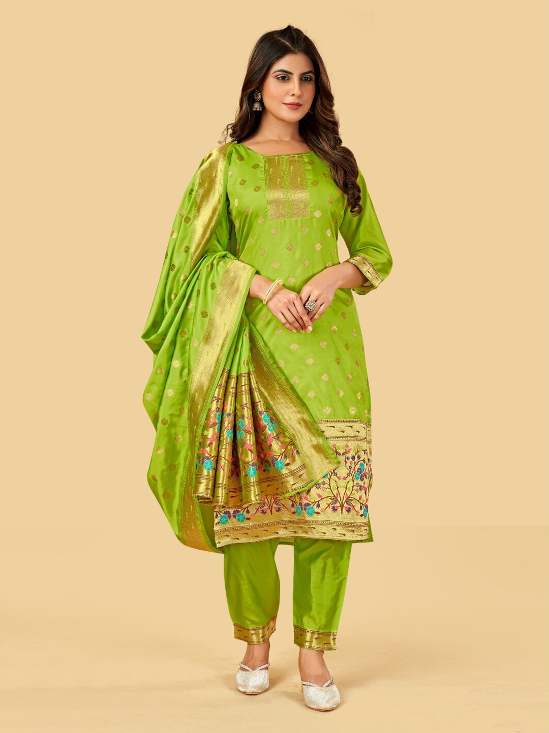 

Angroop Woven Design Pure Silk Unstitched Dress Material, Green
