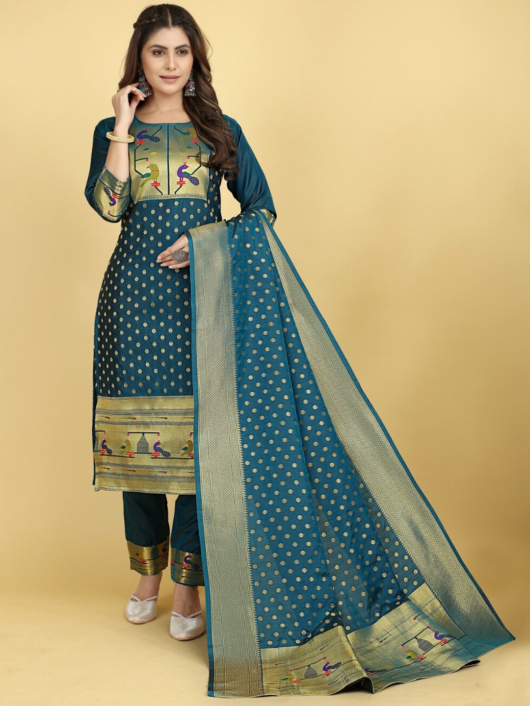 

Angroop Woven Design Pure Silk Unstitched Dress Material, Teal