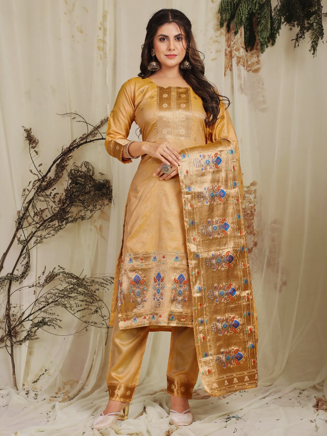

Angroop Woven Design Pure Silk Unstitched Dress Material, Brown