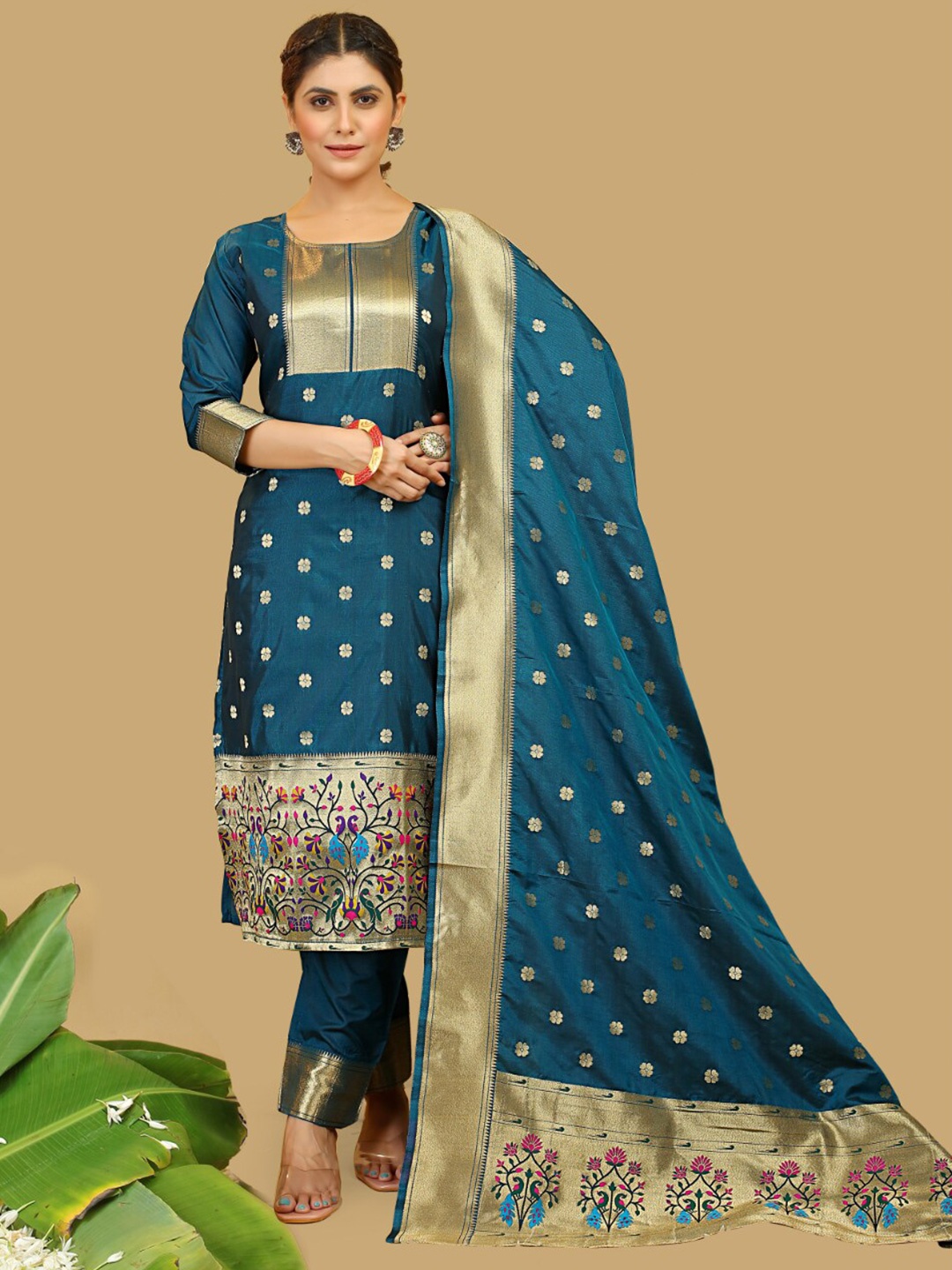 

Angroop Woven Design Pure Silk Unstitched Dress Material, Teal