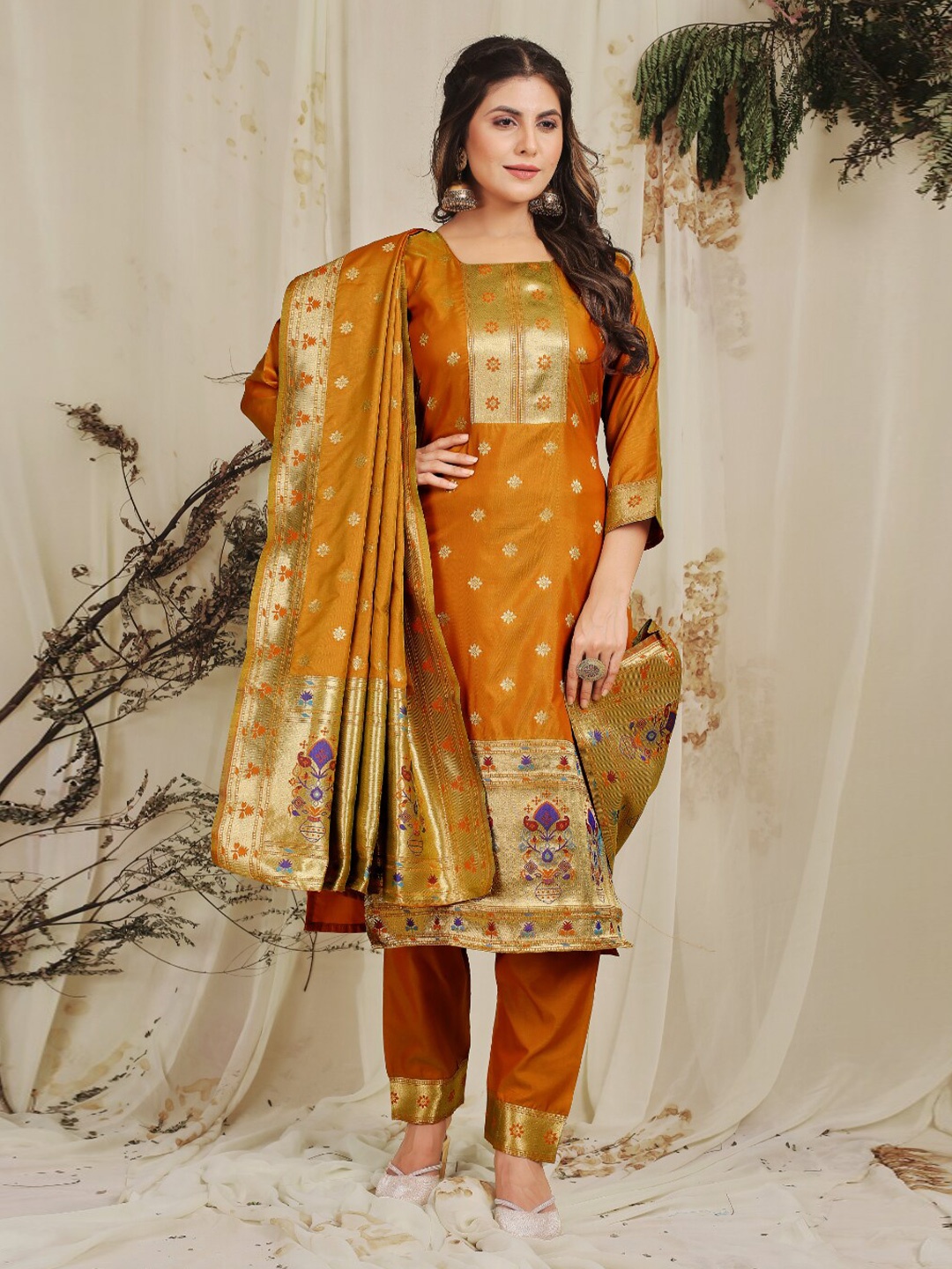 

Angroop Woven Design Pure Silk Unstitched Dress Material, Orange