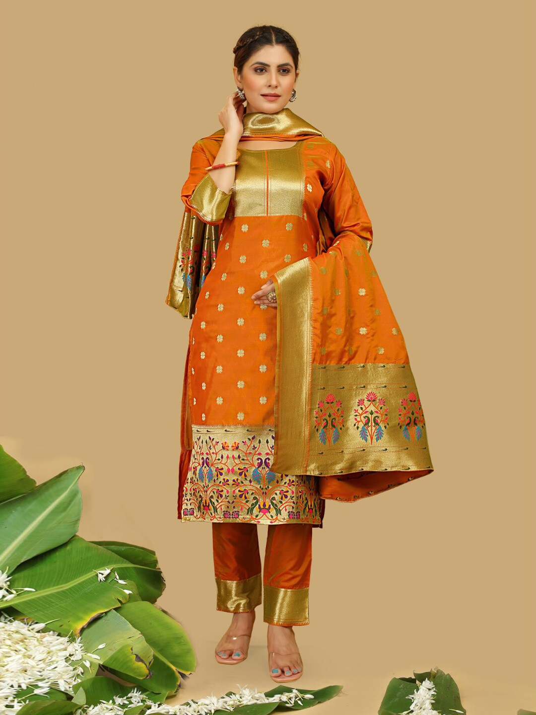 

Angroop Woven Design Pure Silk Unstitched Dress Material, Orange