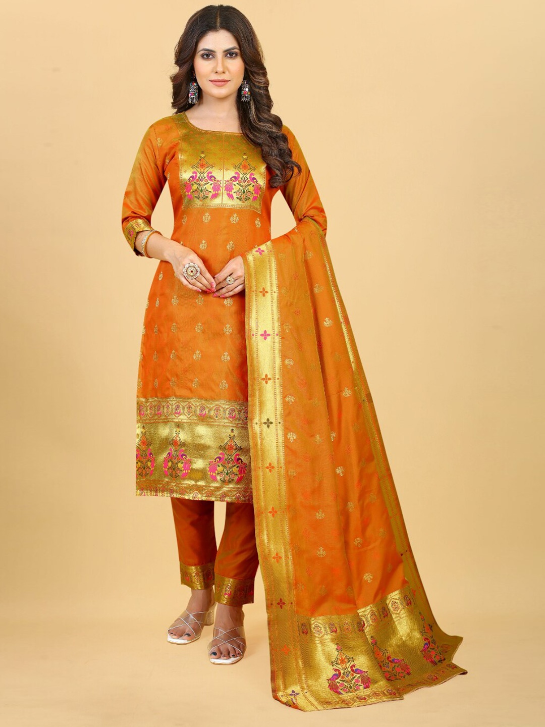 

Angroop Woven Design Pure Silk Unstitched Dress Material, Orange