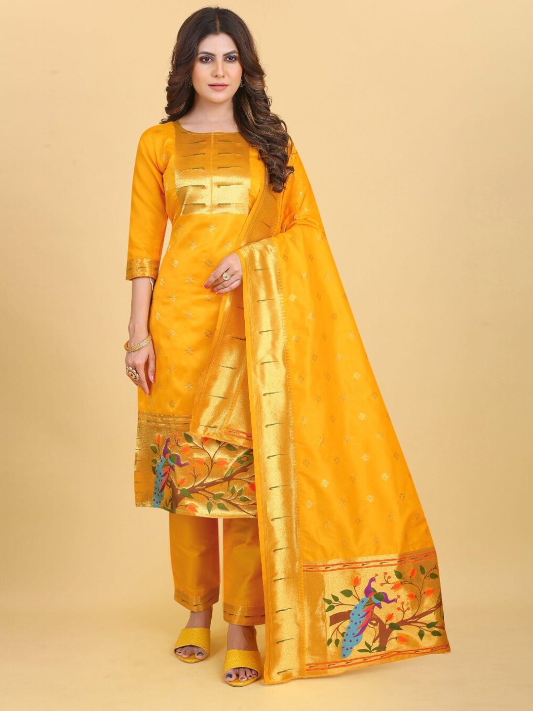 

Angroop Woven Design Pure Silk Unstitched Dress Material, Yellow