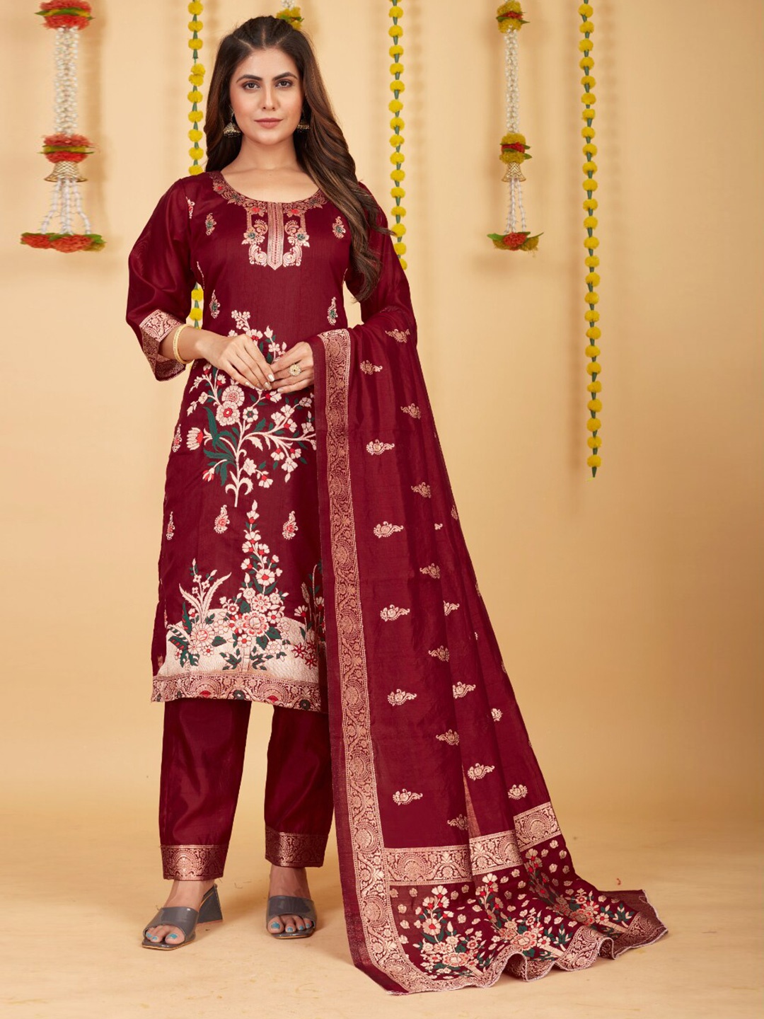 

Angroop Embroidered Pure Silk Unstitched Dress Material, Maroon