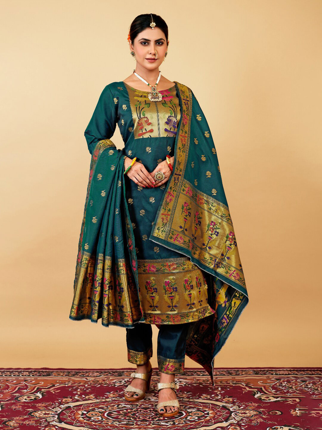 

Angroop Woven Design Pure Silk Unstitched Dress Material, Green