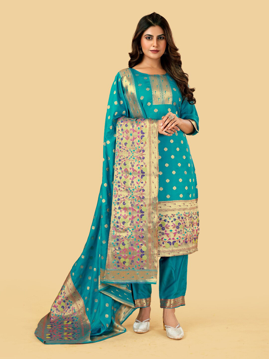

Angroop Woven Design Pure Silk Unstitched Dress Material, Blue