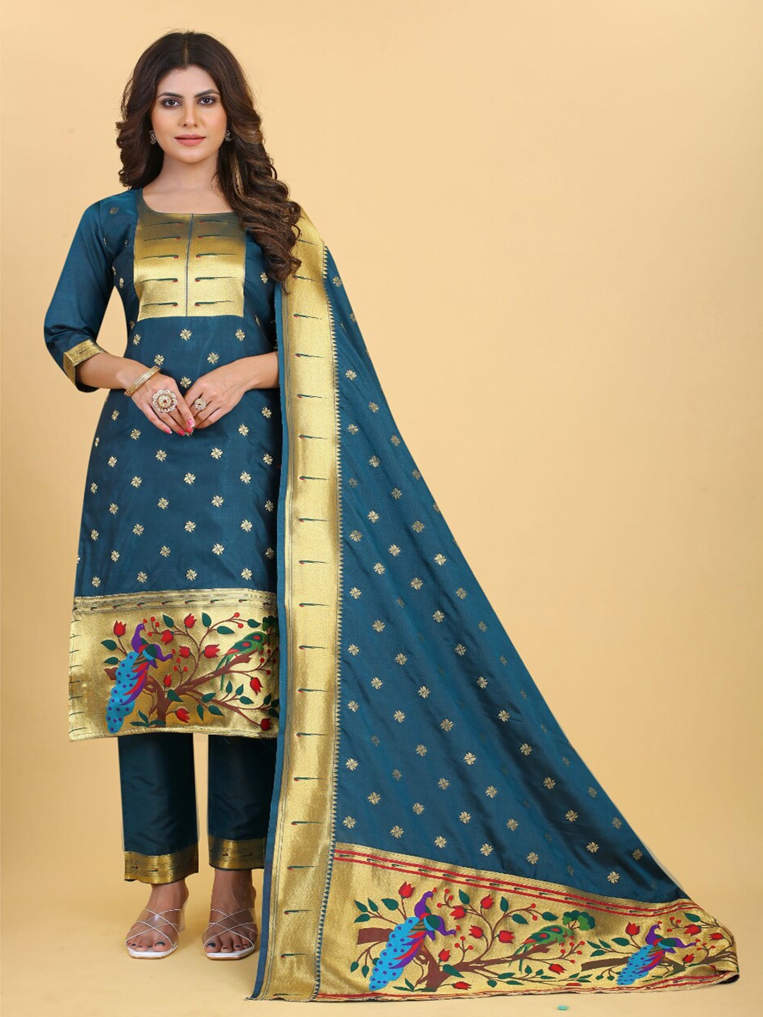 

Angroop Woven Design Pure Silk Unstitched Dress Material, Blue