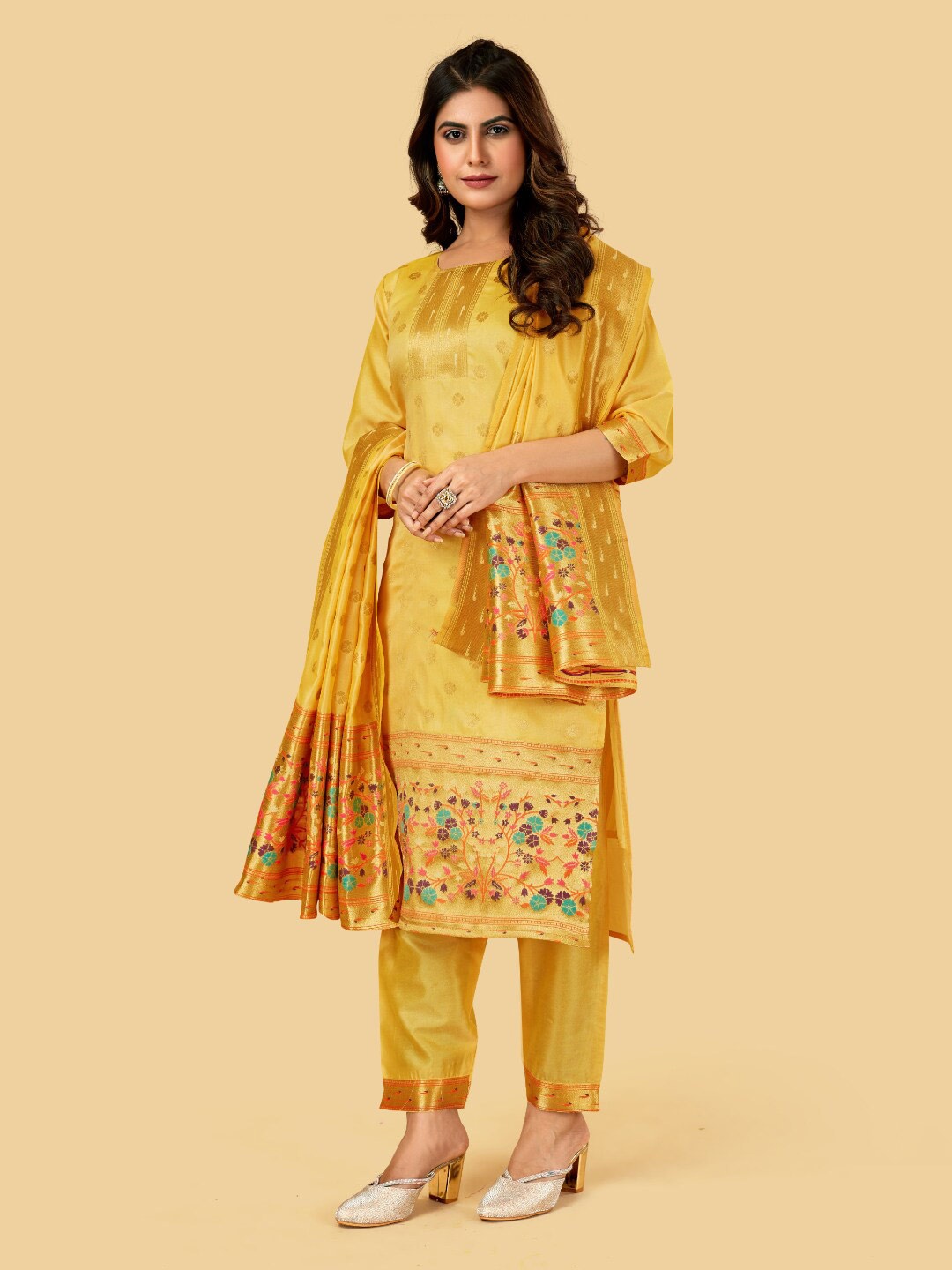 

Angroop Woven Design Pure Silk Unstitched Dress Material, Yellow