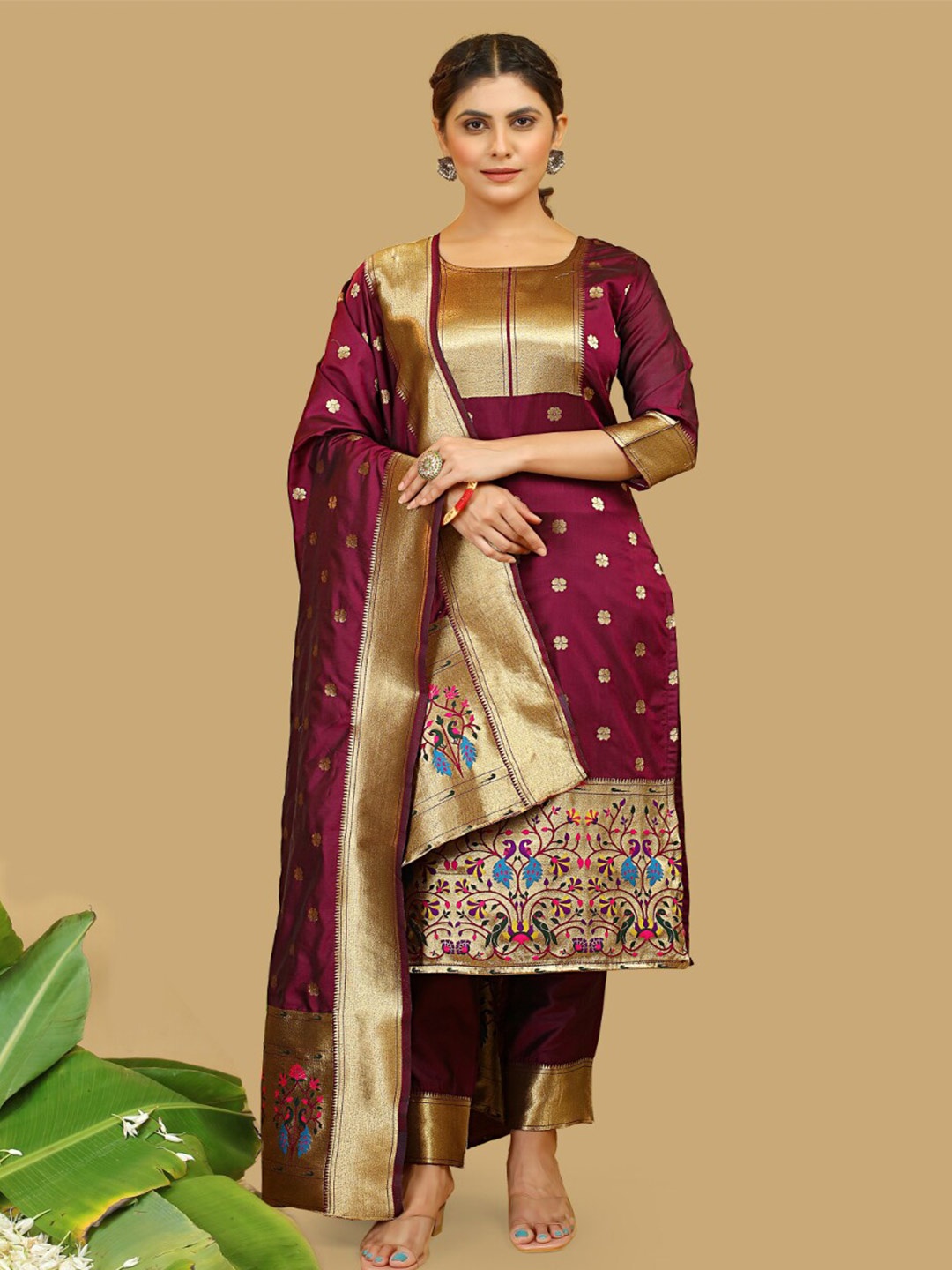 

Angroop Woven Design Pure Silk Unstitched Dress Material, Purple
