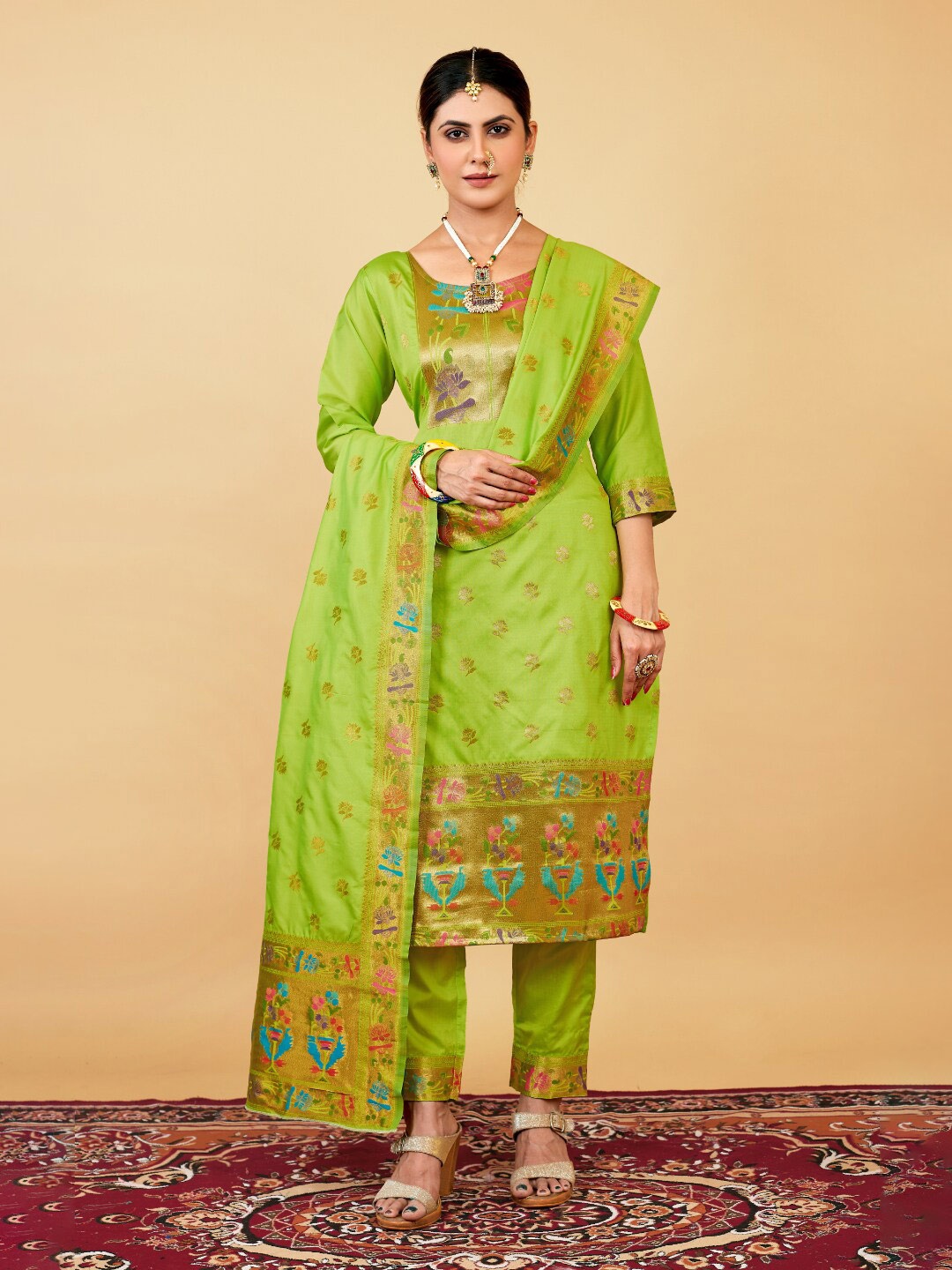 

Angroop Woven Design Pure Silk Unstitched Dress Material, Green