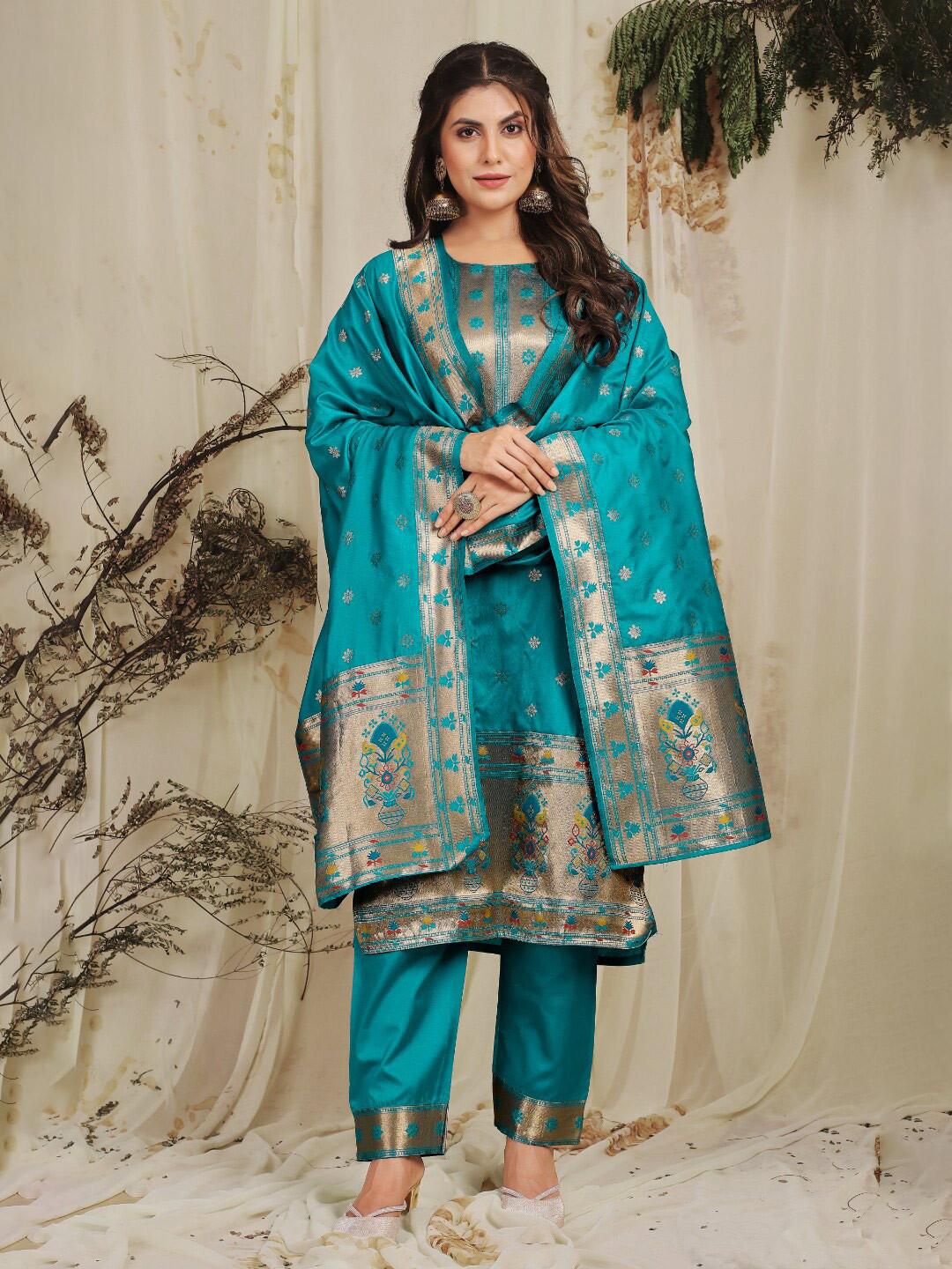 

Angroop Ethnic Motifs Woven Design Pure Silk Unstitched Dress Material, Blue