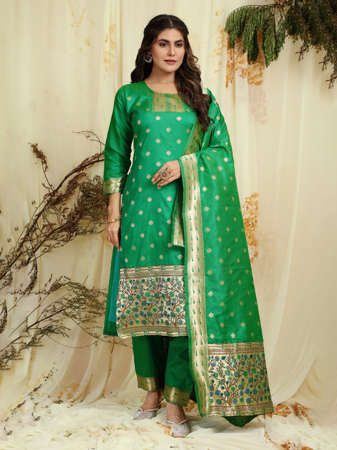

Angroop Ethnic Motifs Woven Design Pure Silk Unstitched Dress Material, Green